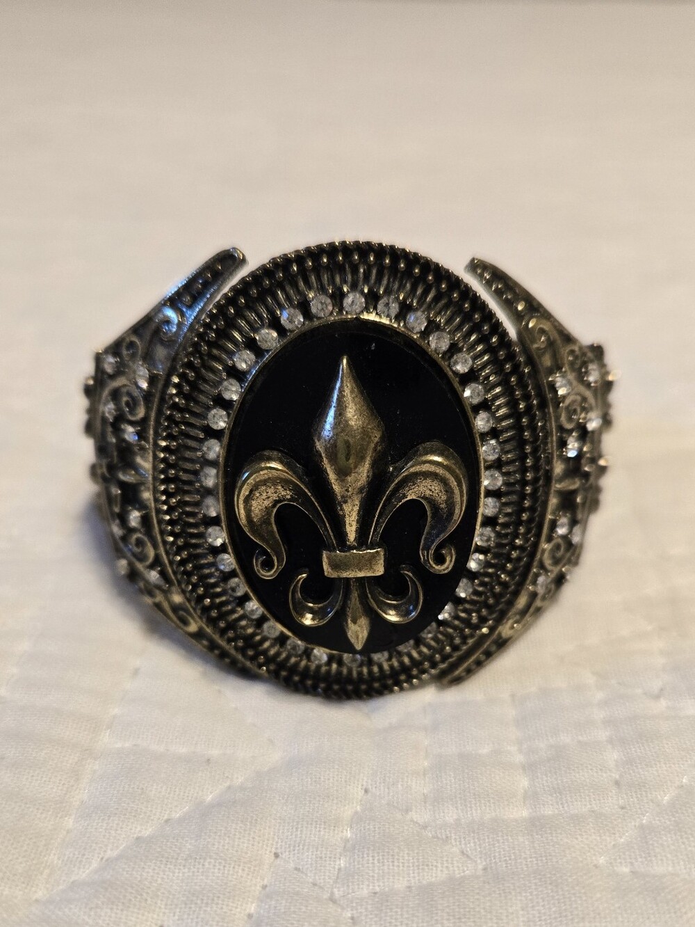 Fleur-De-Lis Vintage Inspired 2000s Statement Cuff Bracelet, Black /Brushed Gold